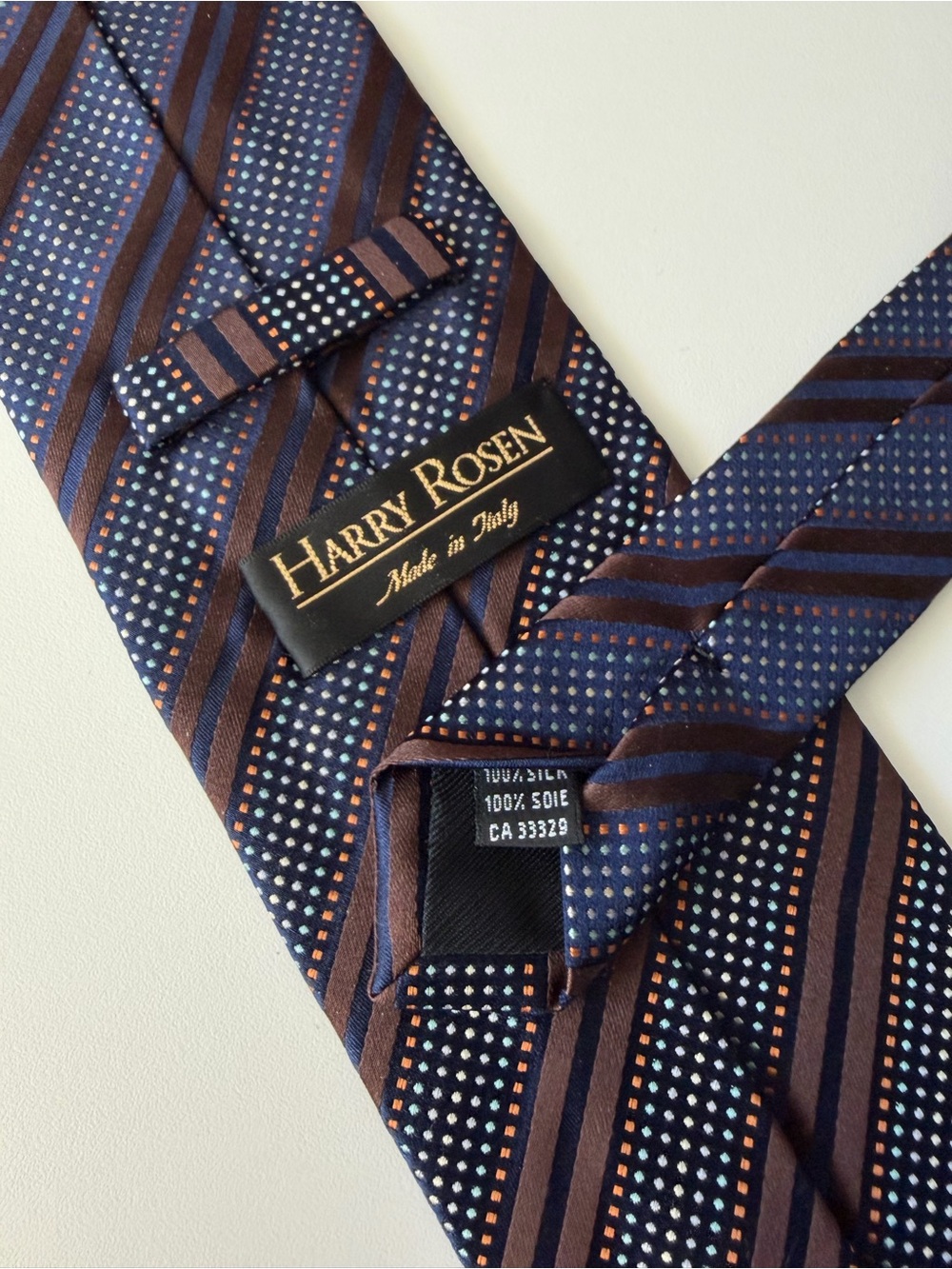 Harry Rosen	Made in Italy Navy Multi Stripes Woven Designer	100% Silk Tie 59x3.5
